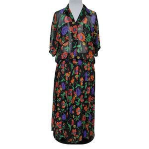 Vintage 90s Chaus Size M/L Floral‎ Sheer Button Front Top & Pleated Skirt Set